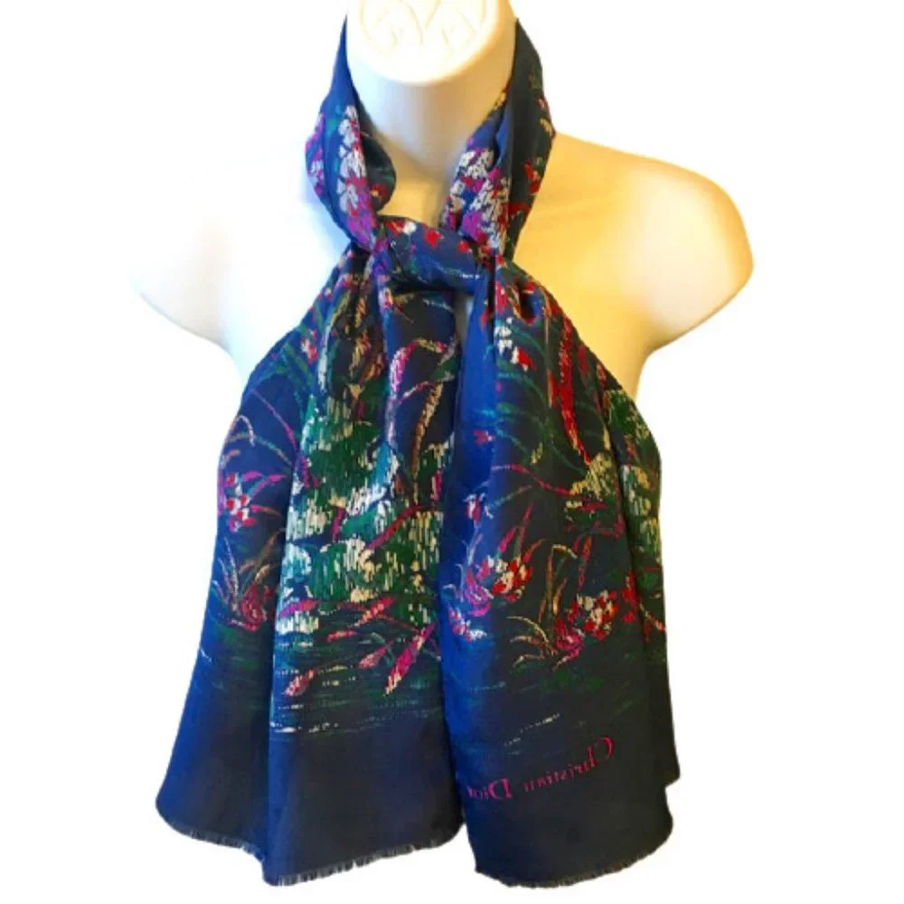 Christian Dior Silk Scarf Vintage Floral Royal Blue